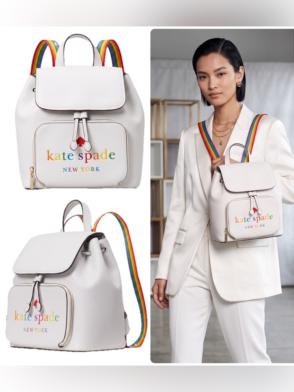 Kate Spade Darcy Pride White Dove Pebbled Leather Rainbow Backpack Bag NWT $359